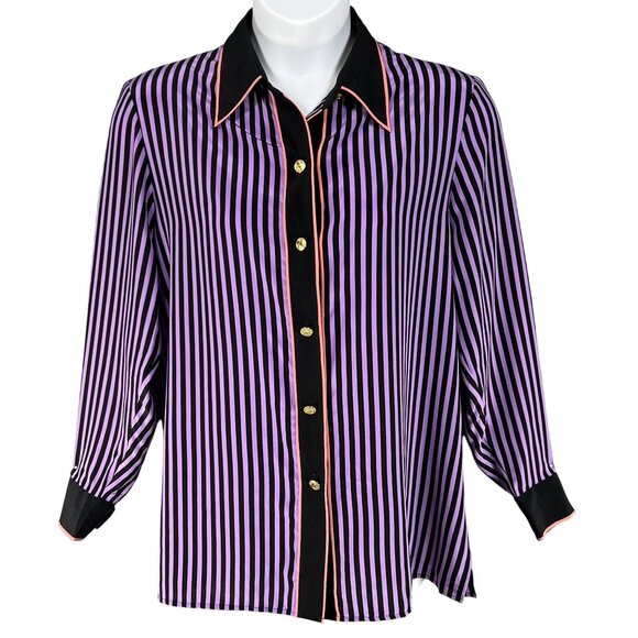 Bob Mackie Womens L Wearable Art 100% Silk Blouse Gold Buttons Contrast Trim Top - Picture 1 of 16